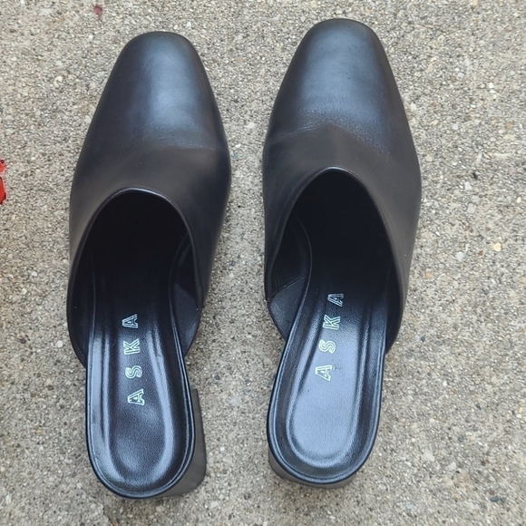 ASKA Italian black genuine leather chunky block heels mules vintage clogs - Picture 3 of 9